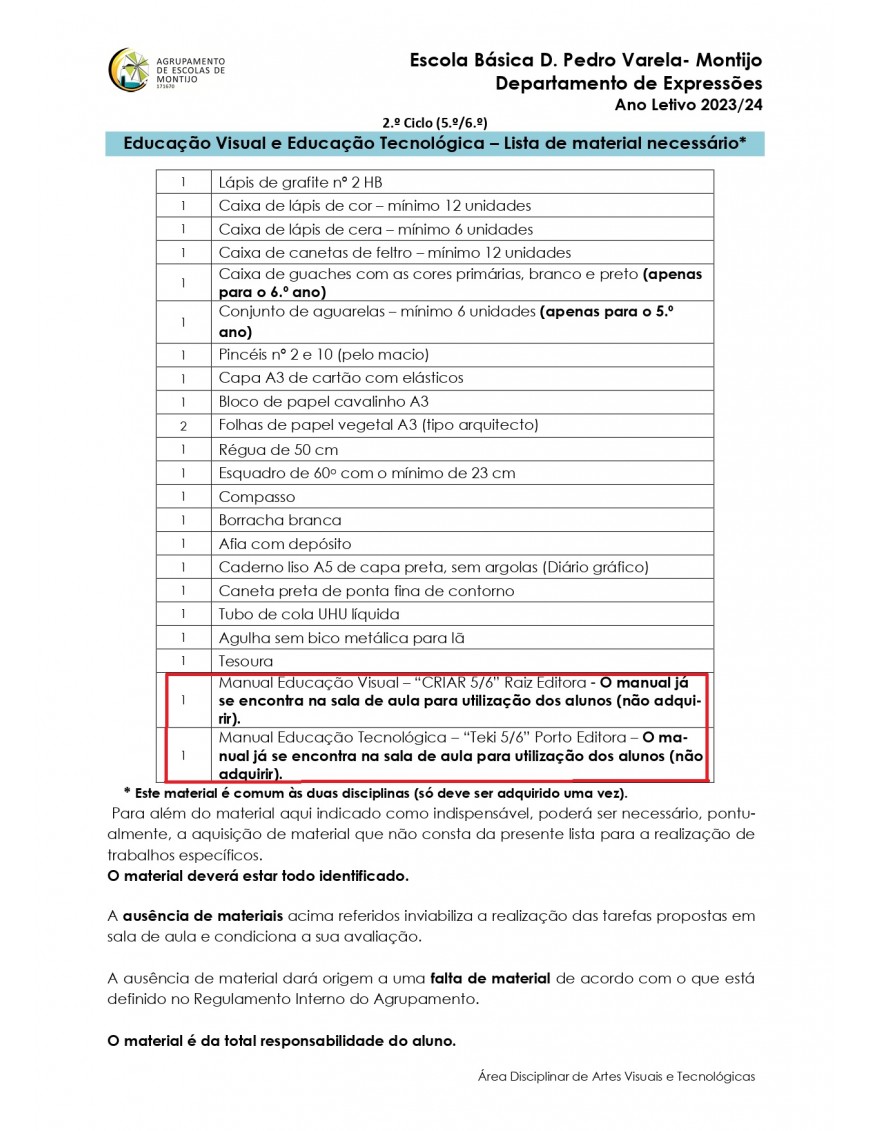 Lista de Material Escolar  EV/ET (5.º anos) Escola Basica D.Pedro Varela 2023/2024